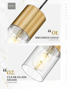 Gold Pendant Lights Kitchen Island, Hanging Lights Fixtures with Cylinder Clear Glass, Modern Brass Kitchen Pendant Lighting Over Island for Dining Room, AD-24023-1P-GD