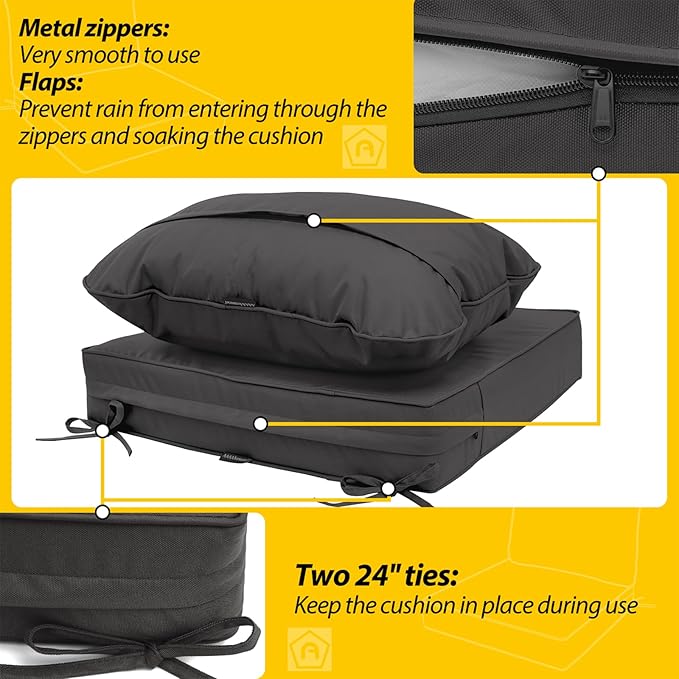 AAAAAcessories Outdoor Deep Seat Cushions, Waterproof, Fade-Resistant Patio Furniture Replacement Cushions, Set of 2, 24" x 24" x 5", Shadow Gray