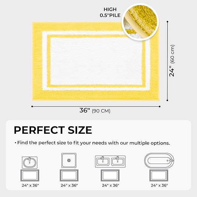 GRANNY SAYS Microfiber Bathroom Rugs Non Slip Washable, Water Absorbent Bathroom Mats for Tub Non Slip, Soft Bath Mats for Floor & Shower, Long Bath Rug, 24" x 36", Yellow