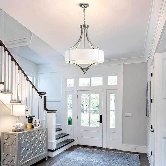 6-Light Brushed Nickel Chandelier 19.7" Modern Drum Chandeliers for Dining Room Light Fixture with White Fabric Shade Large Pendant Lighting for Kitchen Island Living Room Bedroom Foyer Over Table,E12