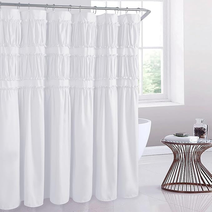 Elegant Ruffle White Shower Curtain 72" x 72", Ruched Microfiber Vintage Rustic Bath Curtain for Bathroom, Boho Farmhouse Bathroom Decor, Durable and Fade Resistant (LQ-38)