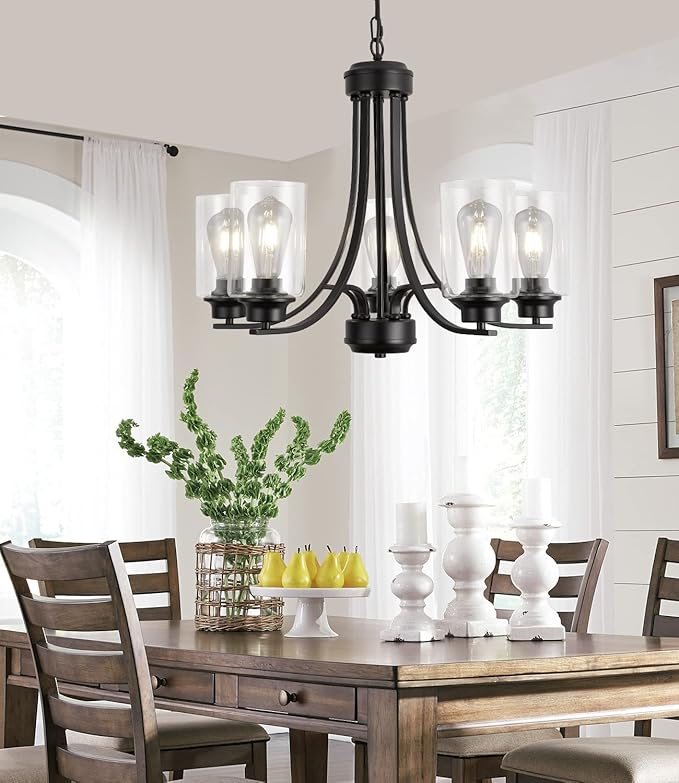 Contemporary 5 Light Glass Chandelier Black Traditional Chandeliers Kitchen Dining Room Lighting Fixtures Hanging Pendant Light Industrial Flush Mount Ceiling Light