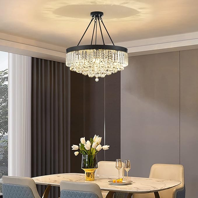Black 9-Light Crystal Chandelier 22'' Modern Semi Flush Ceiling Crystal Hanging Light Fixture Sparkling Decoration for Entryway Bedroom Living Dining Room Kitchen Island Hallway Foyer