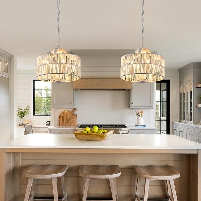 Rattan Chandelier for Dining Room, 4-Light Pendant Light Fixture with White Drum Shade, Adjustable Woven Wicker Flush Mount Ceiling Light, Modern Hanging Lighting for Kitchen Island Entryway
