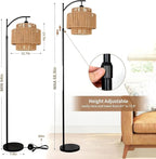 Rattan Floor Lamp for Living Room Bedroom Boho Arc Standing Lamp with Remote Dimmable Black Farmhouse Wicker Bamboo Lamp Shade Floor Light Tall Lamp Industrial Floor Lamps Bohemian Decor