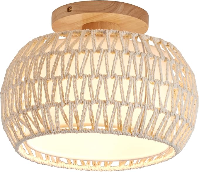 Boho Rattan Ceiling Light Fixture - 3 Style Options Wicker Semi Flush Mount Ceiling Lights,White Coastal Light Fixtures,Bohemian Woven Basket Chandelier for Hallway Bedroom Nursery Kitchen Laundry