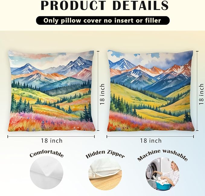 JINYO Watercolor Wildflower Mountain Scenery Pillow Covers 18x18 Set of 2, Maximalist Vibrant Nature Landscape Decorative Pillow Covers for Living Room Bedroom Home, Nature Room Decor