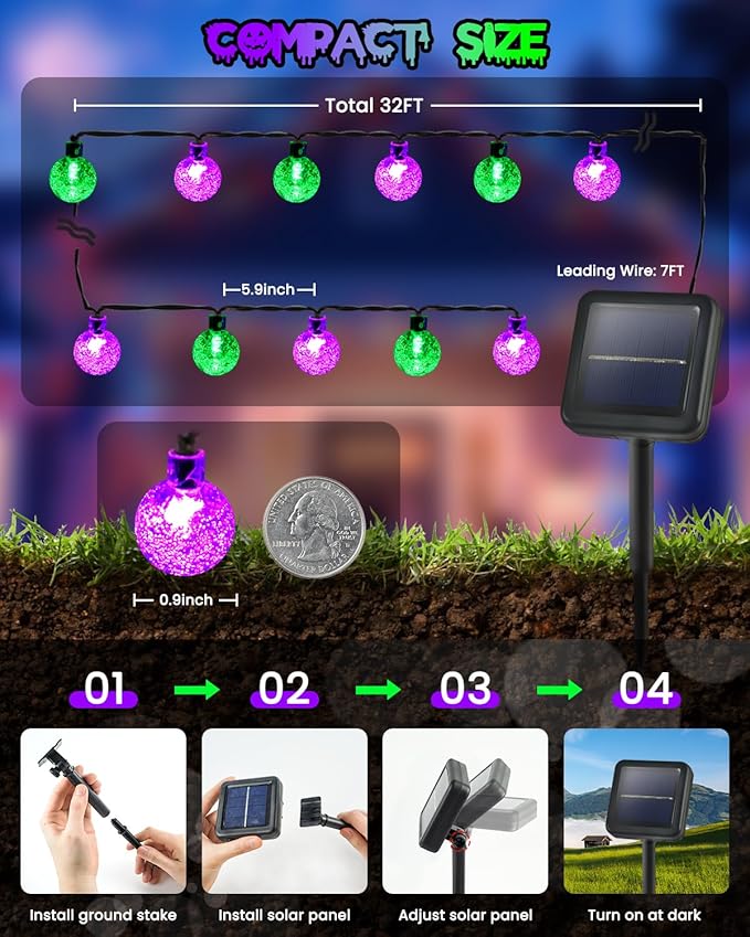 LORRYTE 2-Pack 100 LED Purple and Green Halloween Lights Outdoor - 64FT Crystal Globe Waterproof Solar String Lights with 8 Lighting Modes for Halloween Decorations, Garden, Patio, Party, Porch