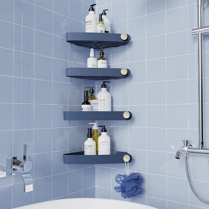 Sotfamily Shower Caddy Corner, 4 Pack Adhesive Corner Shower Shelves for Bathroom Organizers and Storage, Rust Free Plastic Rack for Bathroom Accessories & Decor, Navy