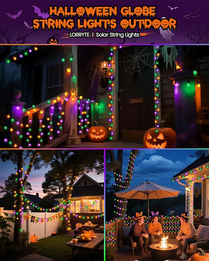 2-Pack 100 LED Purple Orange and Green Solar Halloween Lights Outdoor - 64FT Crystal Globe Waterproof Solar String Lights with 8 Lighting Modes for Halloween Decorations, Garden, Patio, Party, Porch