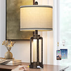 Farmhouse Industrial Lamp with USB A+C Charging Ports & AC Outlet, 26" Vintage Rustic Retro Table Lamp with Glass LED Night Light & Linen Fabric Shade for Living Room Bedrooms Single(2 Bulbs Included)