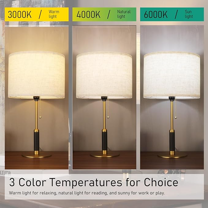 21" Set of 2 Modern Table Lamp Bedside Lamps for Bedroom Living Room Nightstand Lamp for End Tables 3-Color Temperatures Pull Chain Wood Fabric for Home Office Desk Decor (Light Brown+Brass)