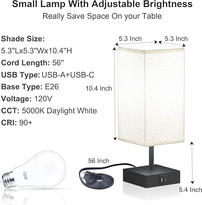hansang Table Lamp, Touch Bedside Lamps 3 Way Dimmable, USB A&C Charging Port, Small Lamp for Bedroom, Reading Room, 5000K LED Bulb Included