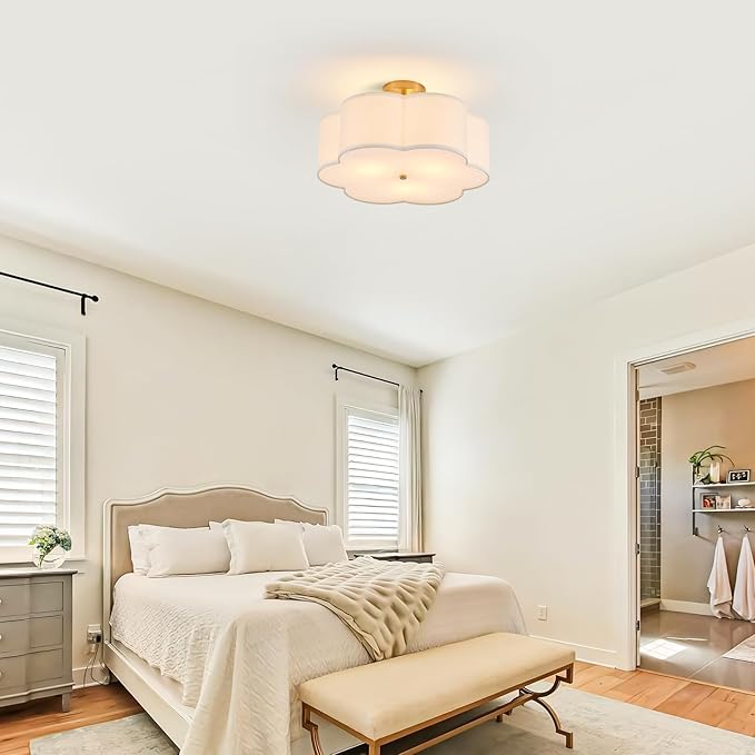 Modern Semi Flush Mount Ceiling Light Modern Gold 3-Lights Drum Ceiling Lighting Fixture Vintage Linen Golden Ceiling Lamp for Laundry Room, Kitchen, Basement, Dining Room, Bedroom