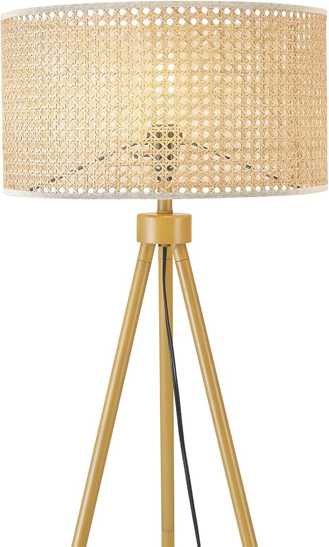 GLOBE Electric 65914 60" Floor Lamp, Faux Wood Tripod Base, Rattan Shade, On/Off Rotary Switch on Socket