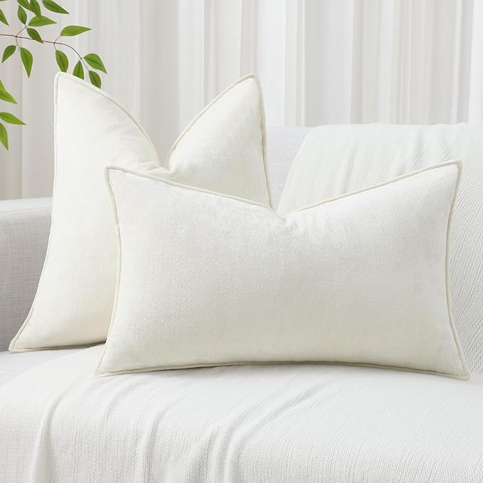 decorUhome Couch Throw Pillow Covers 16x16 Set of 2, Decorative Soft Euro Neutral Chenille Pillow Covers with Elegant Design for Sofa Bed Living Room Home Decor, Cream White