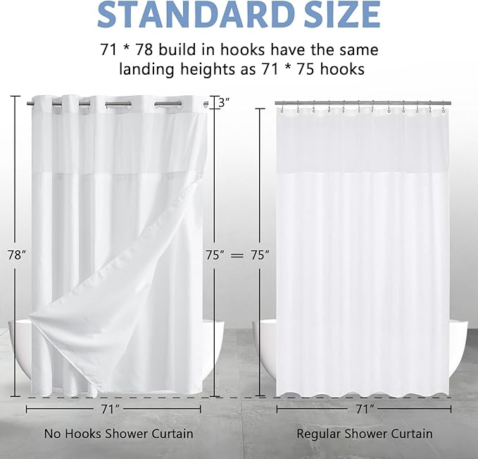 Furlinic No Hook Waffle Weave Shower Curtain with Snap in Waterproof Fabric Liner,Thick Textured Bathroom Curtains with Top Window,Machine Washable,White,71x78 Inch