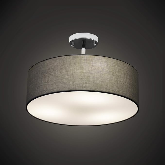SomSom Ceiling Light, Semi-Flush Mount Modern Fabric Pendant Light Shade, Large Grey Drum Lampshade, Round Pendant Lamp, Lamps for bedrooms, Flush Chrome Matt, 3 Bulbs