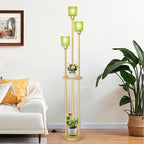 HMVPL Vintage Floor Lamp with Shelves, Gold Floor Lamp with Table, Mid Century Standing Lamp with Green Glass Shade, On/Off Switch, Boho Corner Lamp for Living Room, Brass Tall Lamp for Bedroom Office
