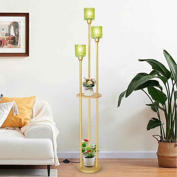 HMVPL Vintage Floor Lamp with Shelves, Gold Floor Lamp with Table, Mid Century Standing Lamp with Green Glass Shade, On/Off Switch, Boho Corner Lamp for Living Room, Brass Tall Lamp for Bedroom Office