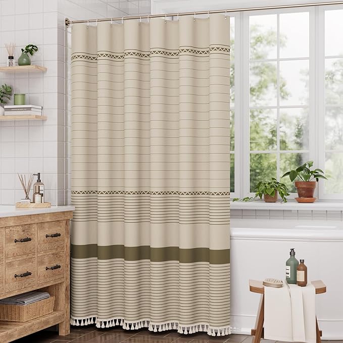 AmazerBath Farmhouse Shower Curtain, Brown Shower Curtain Set with Tassels, Rustic Faux Linen Brown Striped Boho Shower Curtain with Hooks, Warm Tan Toned, 72x72 Inches