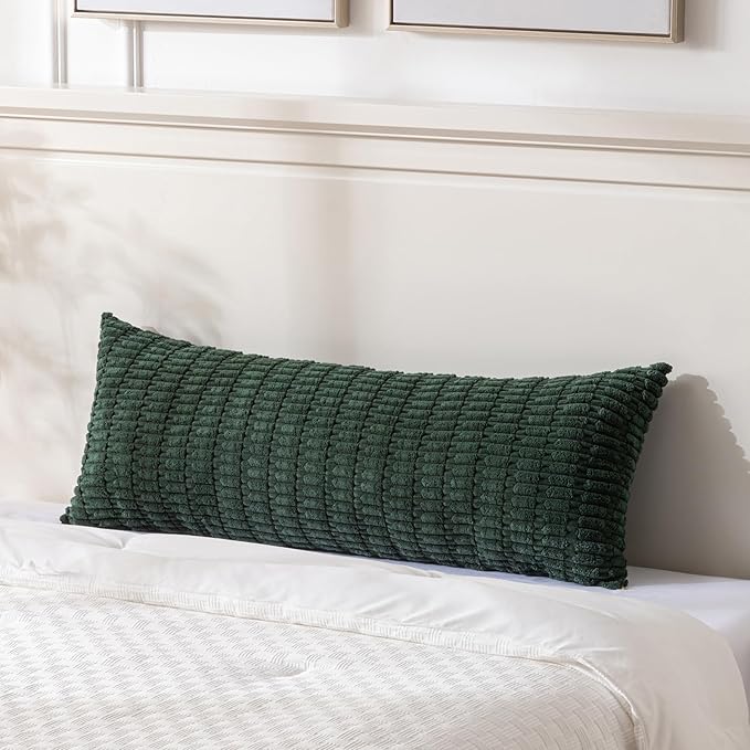 Fancy Homi Dark Green Long Body Lumbar Decorative Throw Pillow Covers 14x36 Inch for Bed Couch Bedroom Bench, Soft Corduroy Rectangle Solid Pillow Case 35x91 cm, Rustic Farmhouse Boho Room Decor