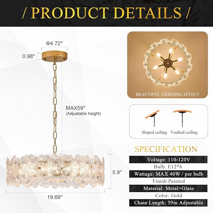 Modern Clear Flower Glass Chandelier 20" Elegant 6 Lights Gold Chandelier Light Fixture Luxury for Living Dining Room Kitchen Entryway Bedroom Foyer, E12