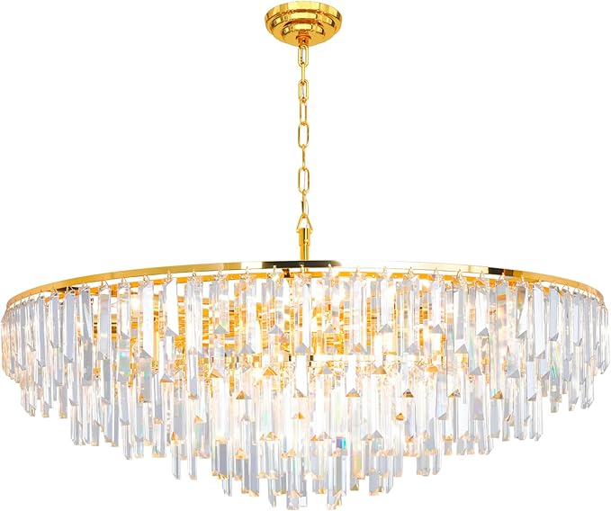 Gold Modern Round Top K9 Crystal Chandelier Lighting Fixture, 17 Lights Round K9 Crystal Adjustable Hanging Lamp for Dining Room Bedroom Living Room,Hallway,Bar,Kitchen W39''