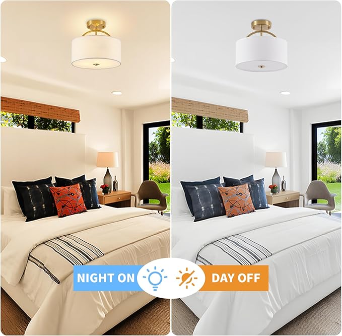 Gold Semi Flush Mount Ceiling Light Fixture 3-Light Drum Light Fixture with White Fabric Cover Shade 12.2" Modern Round Chandelier for Bedroom Foyer Hallway Living Room Kitchen Dining Room