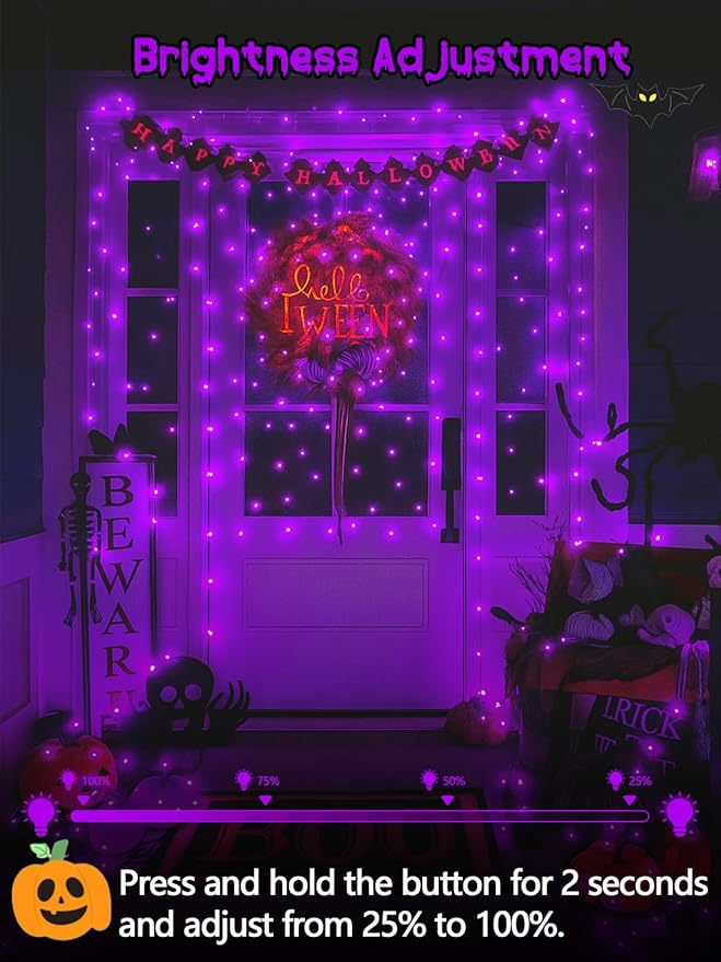2-Pack 200 LED Extendable Halloween Lights, 66FT Purple Halloween Decorations String Lights Outdoor Indoor Tree Lights, 13 Modes Plug in Mini Fairy Lights Waterproof with Timer and Memory Function