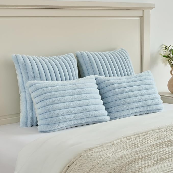 FUTEI Light Blue Striped Decorative Throw Pillow Covers 22x22 Inch Set of 2,Square Winter Decorations Couch Pillow Case,Soft Cozy Faux Rabbit Fur & Velvet Back,Modern Home Decor for Bed