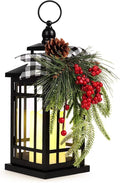 Metal Christmas Decorative Candle Lantern with Led Light,Plaid Ribbon,Lighted Hanging Vintage Lanterns for Home Decor Table Fireplace Porch Indoor Outdoor Decorations,Serpro