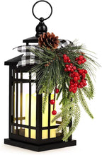 Metal Christmas Decorative Candle Lantern with Led Light,Plaid Ribbon,Lighted Hanging Vintage Lanterns for Home Decor Table Fireplace Porch Indoor Outdoor Decorations,Serpro