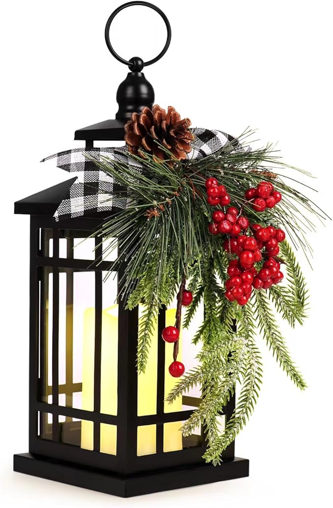 Metal Christmas Decorative Candle Lantern with Led Light,Plaid Ribbon,Lighted Hanging Vintage Lanterns for Home Decor Table Fireplace Porch Indoor Outdoor Decorations,Serpro