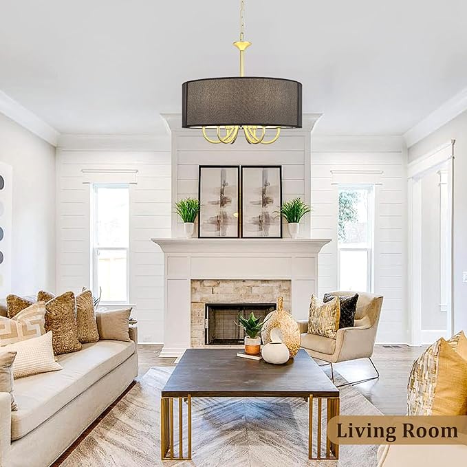 Gold Drum Chandeliers for Dining Room, 6-Light Black Farmhouse Chandelier Linen Light Fixture, 18'' Brass Round Chandelier Hanging Pendant Light for Bedroom Living Room Kitchen Foyer