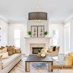 Gold Drum Chandeliers for Dining Room, 6-Light Black Farmhouse Chandelier Linen Light Fixture, 18'' Brass Round Chandelier Hanging Pendant Light for Bedroom Living Room Kitchen Foyer