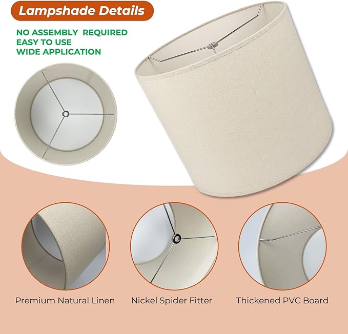 12" Wx 10" H Drum Lampshades, No Assembly Required, Fabric Lampshade for Table Lamp, Bedside Lamp, Floor Lamp, Metal Spider Fitter, Beige