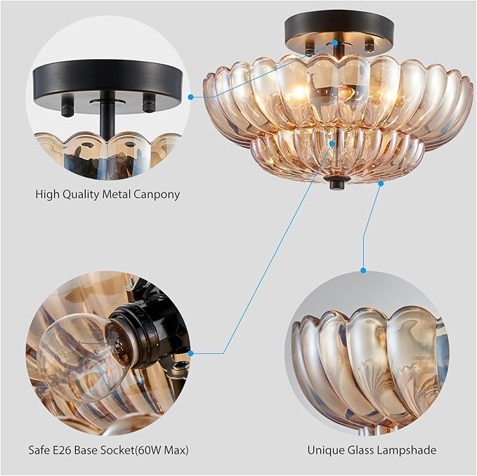 XINGQI Modern Black Semi Flush Mount Ceiling 3-Light 11.8“ Amber Glass Close to Ceiling Light Fixtures for Bedroom Living Room Entryway Hallway