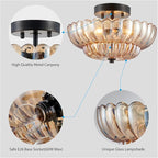 XINGQI Modern Black Semi Flush Mount Ceiling 3-Light 11.8“ Amber Glass Close to Ceiling Light Fixtures for Bedroom Living Room Entryway Hallway