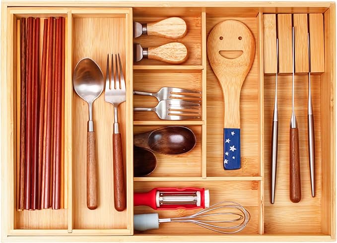 Double Layer Bamboo Kitchen Drawer Organizer Cutlery Utensil Silverware Drawer Organizer, Large Silverware Tray for Drawer Removable Utensil Holder Flatware Organizer Multi-use Storage Box