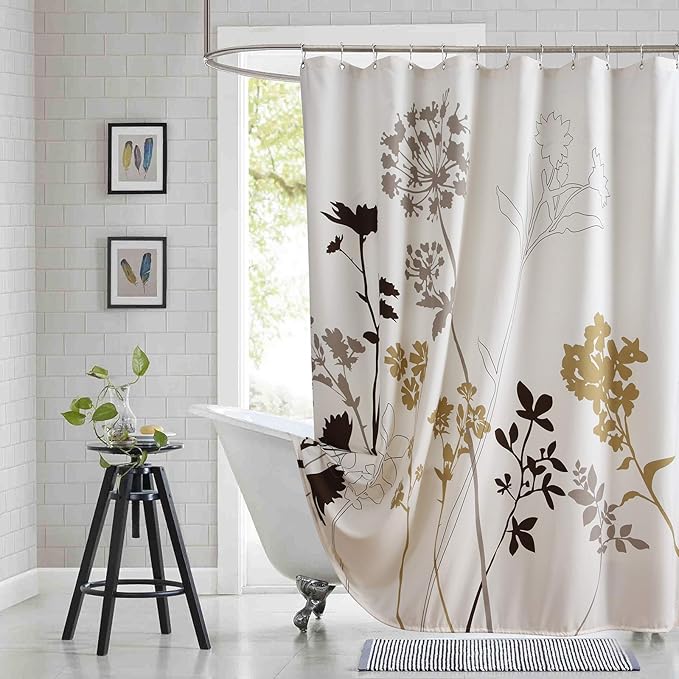 Extra Long Fabric Shower Curtain, Beige Brown Grey Floral Plant Shower Curtains for Bathroom, 72" W x 84" H