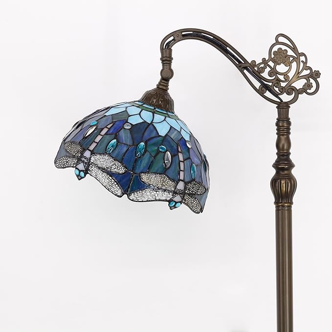 Tiffany Floor Lamp Stained Glass Blue Dragonfly Style Arched Reading Light Gooseneck Adjustable Corner Standing Lamp 12X16X66 Inch for Bedroom Living Room Home Office