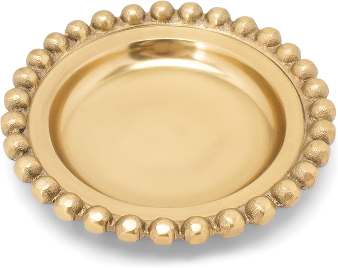 India Handicrafts Beaded Edge Round Gold Tone 6 inch Metal Tray Platter