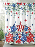 4th of July Shower Curtain, Patriotic Stars Stripes Shower Curtains Set with Hooks, Eucalyptus Leaves Independence Day Waterproof Fabric Bathroom Curtains Decor Home Accessories, 60 X 72 Inch Long