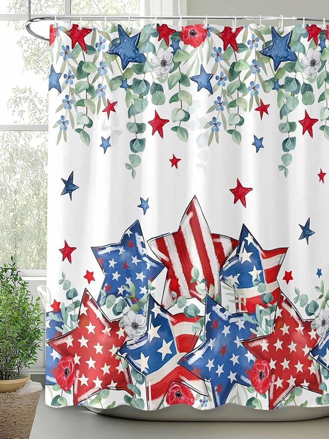 4th of July Shower Curtain, Patriotic Stars Stripes Shower Curtains Set with Hooks, Eucalyptus Leaves Independence Day Waterproof Fabric Bathroom Curtains Decor Home Accessories,72 X 78 Inch Long
