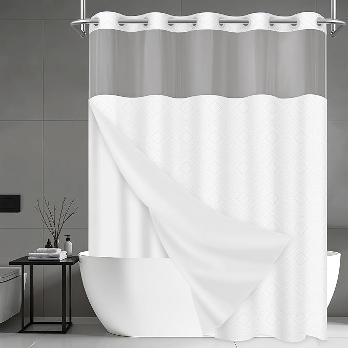 No Hook Shower Curtain Set with Snap in Liner, White Jacquard Tufted Geometric Bath Curtain, Boho Luxury Hotel Bathroom Decor, Waterproof Washable, 71 x 74 Inch