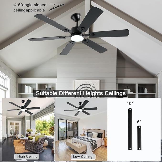 56inch Black Ceiling Fans with Lights and Remote/App Control, Dimmable LED, Reversible DC Motor, Noiseless, 6 Double-Side blades, 6 Speeds Low Profile Ceiling Fan for Indoor/Outdoor Use
