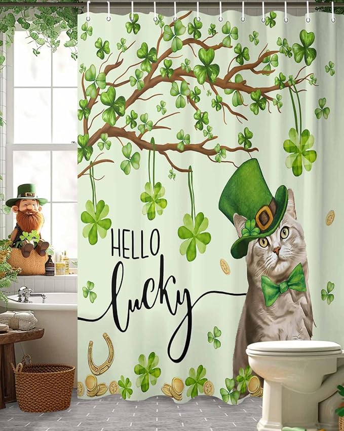 Vandarllin Lucky Cat St. Patrick's Day Shower Curtain, Green Spring Shamrocks Tree Shower Curtains Set with Hooks, Waterproof Fabric Bathroom Curtains Decor Home Accessories,72X 96 Inch Extra Long