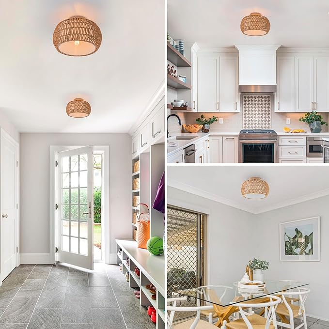Rattan Chandelier Boho Ceiling Light Fixtures Drum Flush Mount Ceiling Light Small Woven Chandelier for Kitchen Bedroom Hallway Nursery Light Fixture