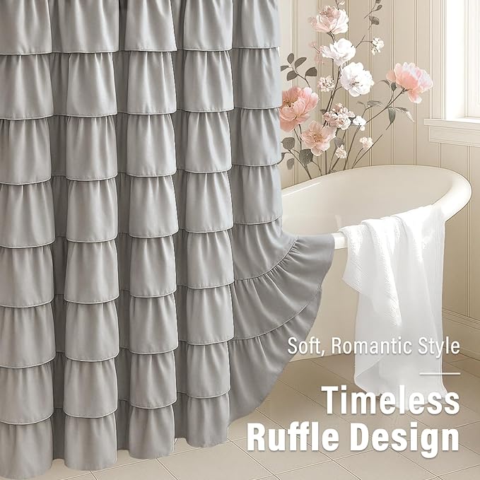 Seasonwood Ruffle Shower Curtain Gray Farmhouse Vintage Handcrafted Rustic Decorative Fabric Shower Curtains for Bathroom, 72" x 72"